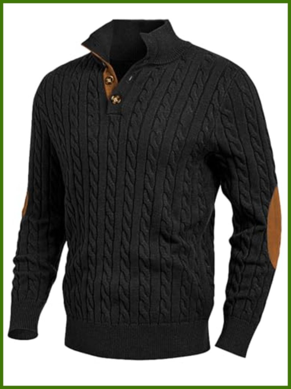 Men's Cable Knit Pullover Sweater Button Neck Suede Accent